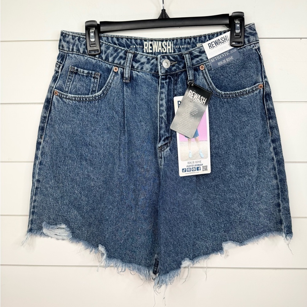 Rewash High Rise Pleated Bermuda Denim Cut-Off Shorts Size 28 Blue Medium Wash